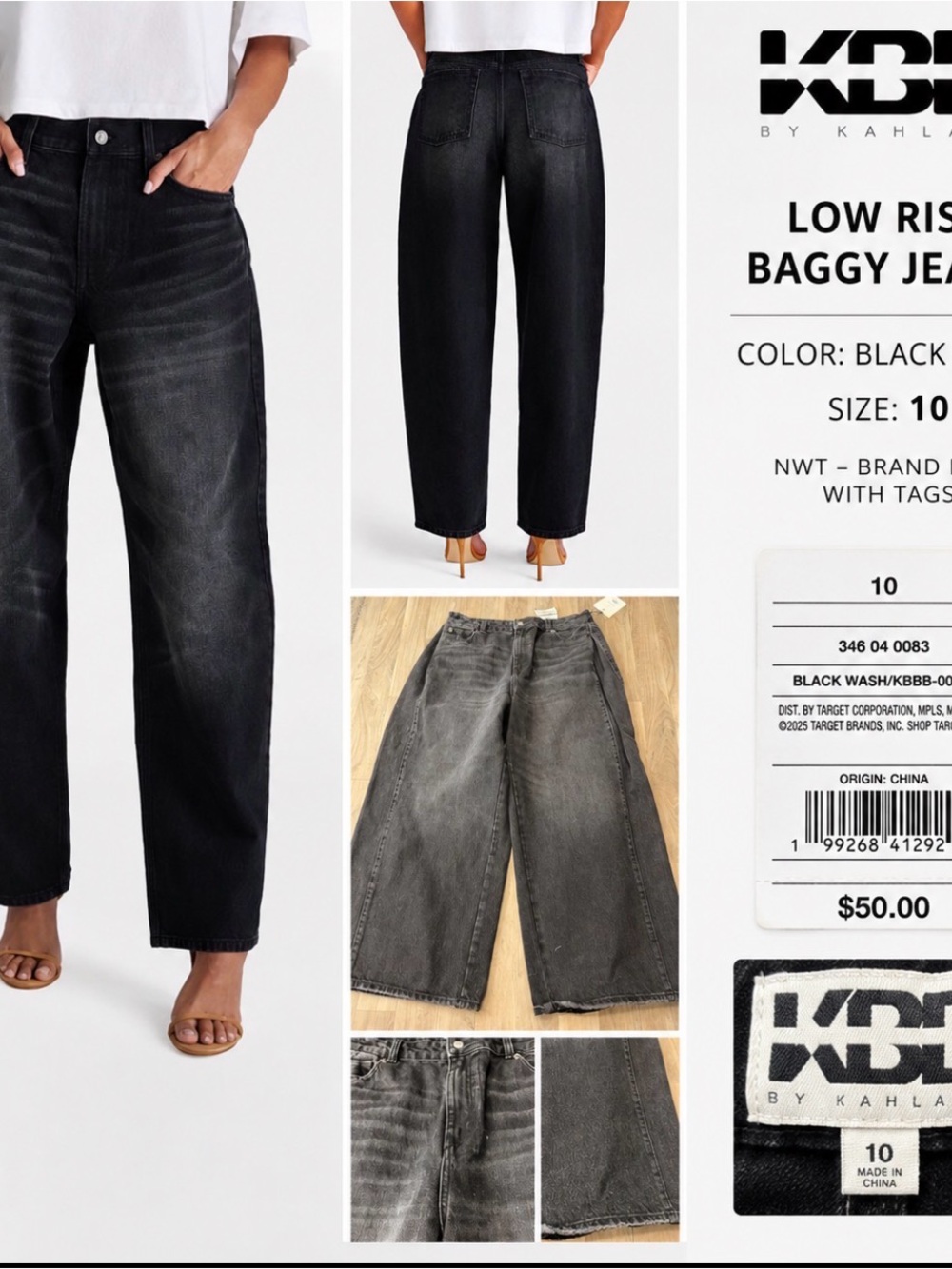 NWT KBB by Kahlana Low Rise Baggy Jeans – Black Wash – Size 10